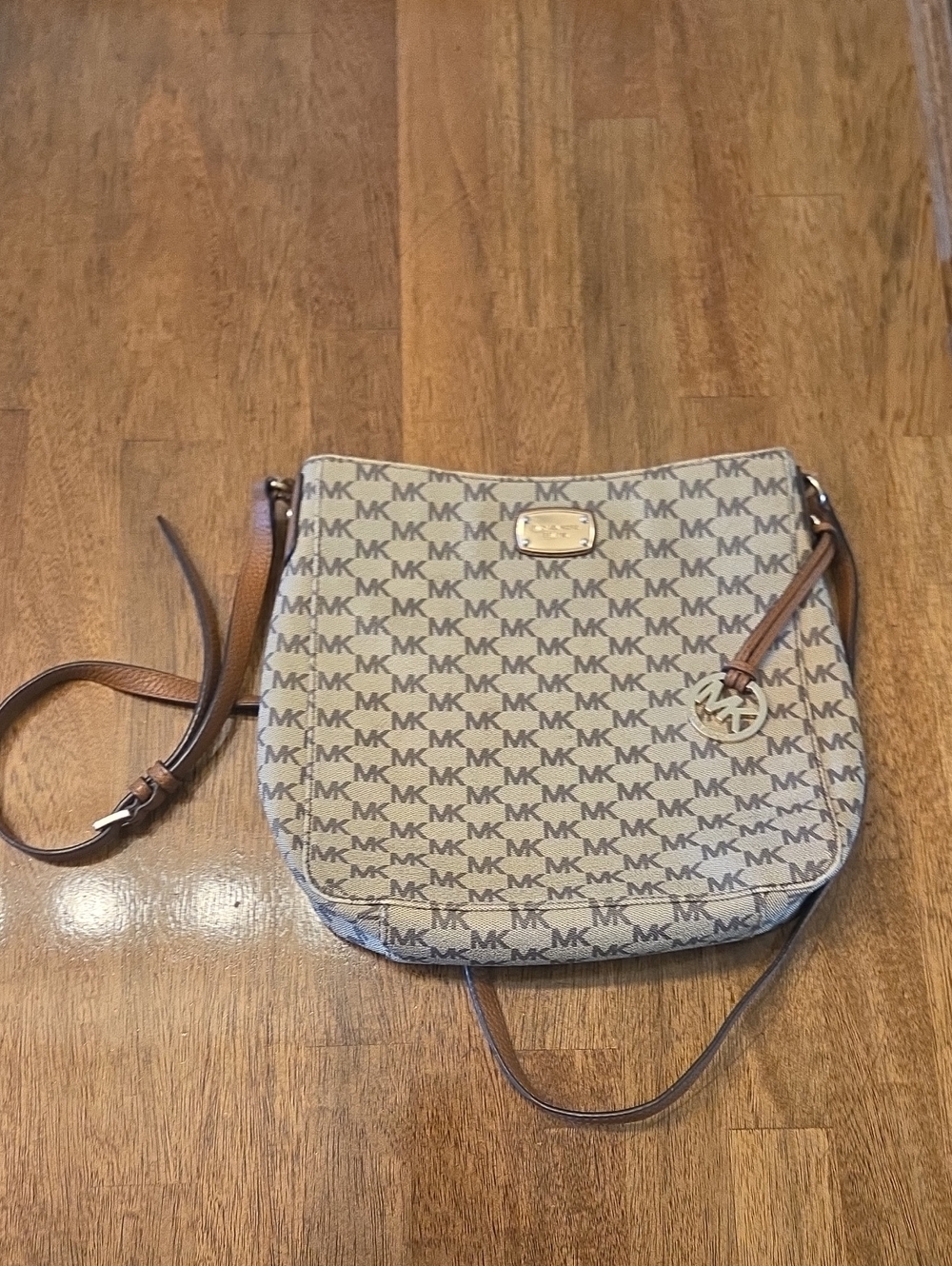 Michael Kors Brown Beige MK Logo Crossbody Bag with Gold Accent